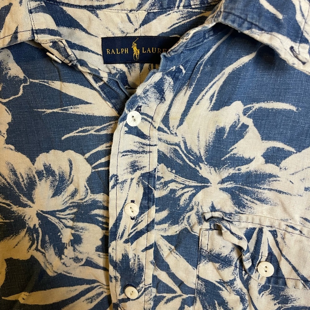 Polo Ralph Lauren 1/2 Button Hawaiian Shirt Mens small Linen Floral Button Down - Picture 2 of 5